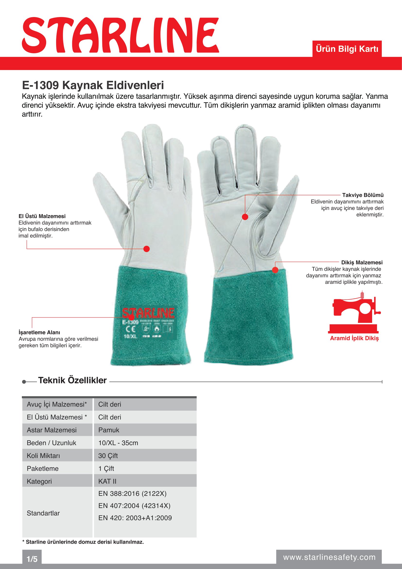 Starline E-1309 Cilt Deri ve Aramid İplikli Yanma Direnci Yüksek Ekstra Avuç İçi Takviyeli Gri Argon Kaynak Eldiveni (10/XL Beden)