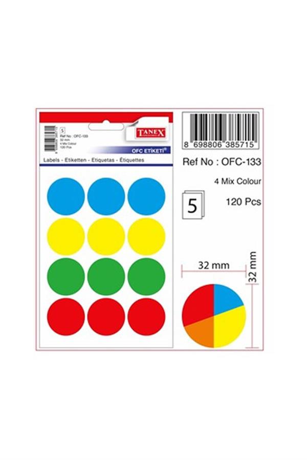 Tanex Ofc-133 5 Mix Color Yuvarlak Ofis Etiketi 32mm 5 Syf 60 Adet