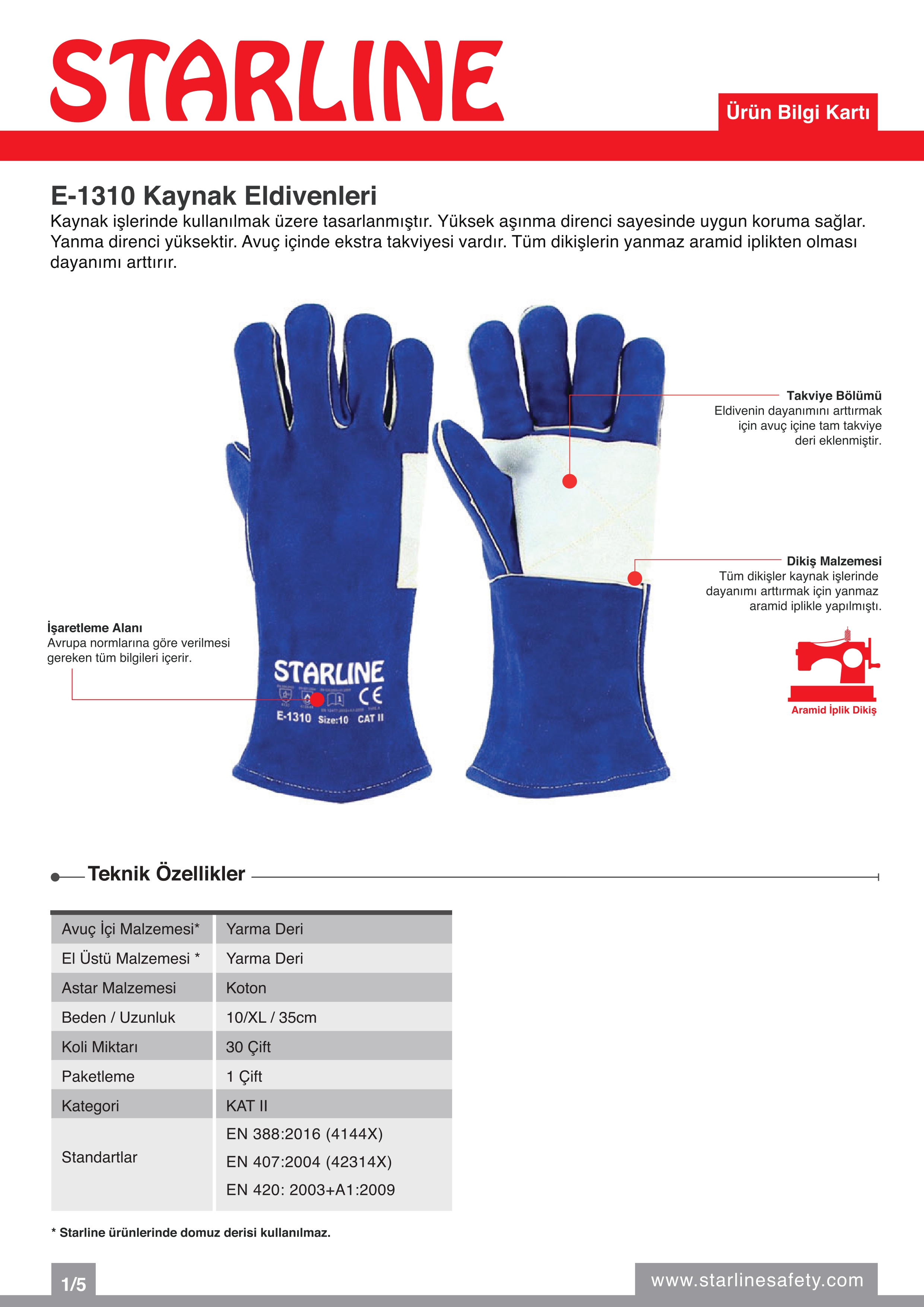 Starline E-1310 Yarma Deri ve Aramid İplikli Yanma Direnci Yüksek Ekstra Avuç İçi Takviyeli Mavi Kaynak Eldiveni (10/XL Beden)