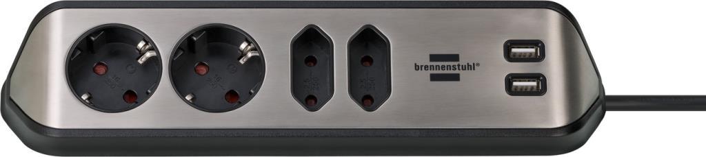 Brennenstuhl Estilo Serisi 4 Soketli 2 USB Şarj Özellikli Mutfak ve Ofis Köşe 2 Metre Uzatma Priz Gri