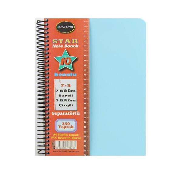 Defne A4 7+3 Plastik Kapak Spiralli Ayraçlı Defter