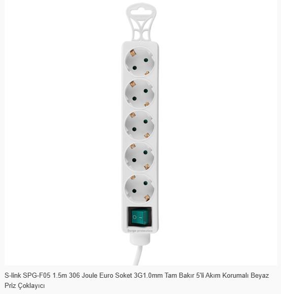 S-Link SPG-F05 1.5m 306 Joule Euro Soket 3G1.0mm Tam Bakır 5li Akım Korumalı Beyaz Priz Çoklayıcı