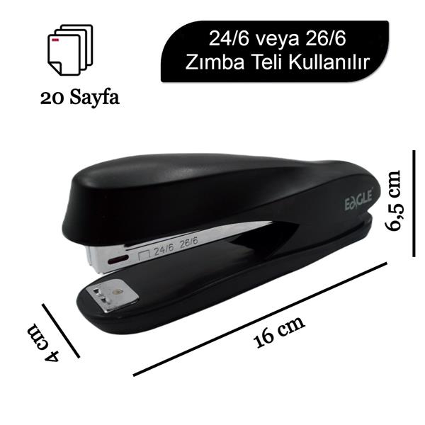 Eagle 20 Sayfa Kapasiteli 24/6-26/6 Zımba Makinası S7102 Siyah