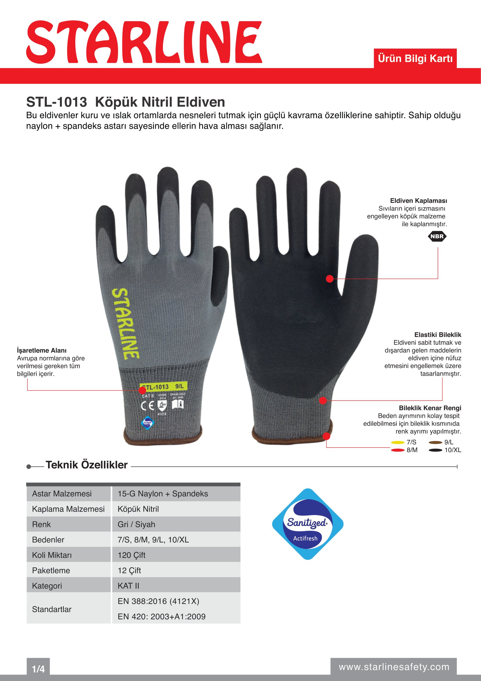 Starline Stl 1013 Genel Amaçlı Gri Siyah Antibakteriyel Köpük Nitril Eldiven 7/S Beden