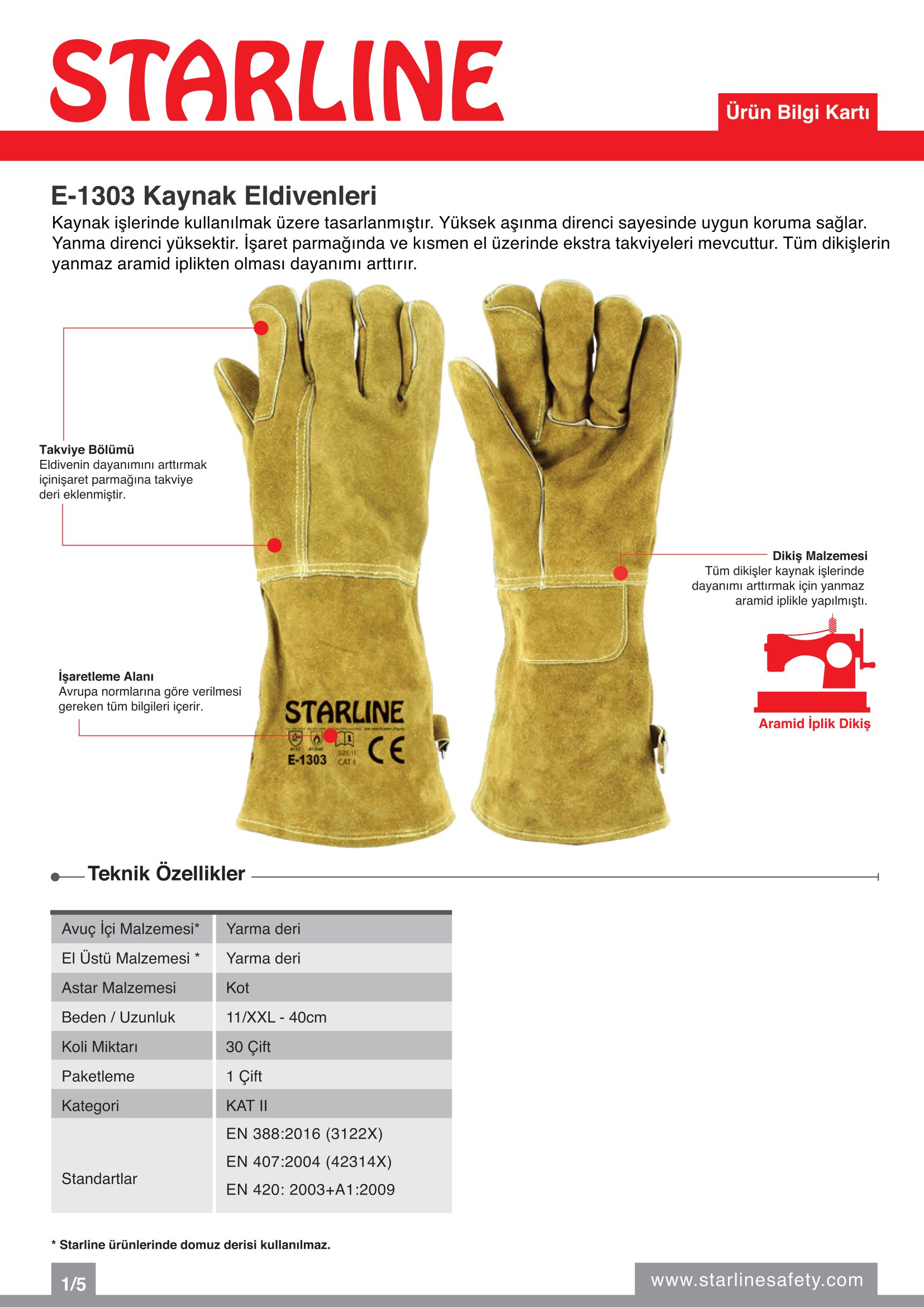 Starline E-1303 Yarma Deri ve Aramid İplikli Yanma Direnci Yüksek Ekstra Parmak ve El Üstü Takviyeli Sarı Kaynak Eldiveni (10/XL Beden)