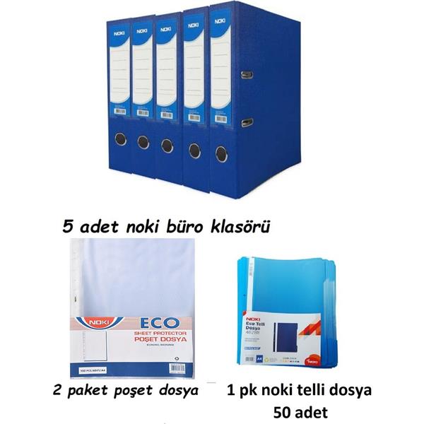 Noki Eco Ofis Seti 5 Li Geniş Mavi Klasör+50 Li Telli Dosya+ 200 Lü Poşet Dosya
