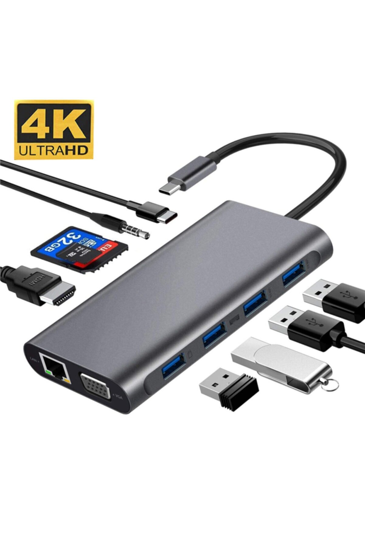 Daytona Fc31 11ın1 Type-c Usb-c To 4-Usb3.0 4k Hdmı VGA 1000 Mbps Rj45 Pd Aux Sd Tf Kart Çevirici
