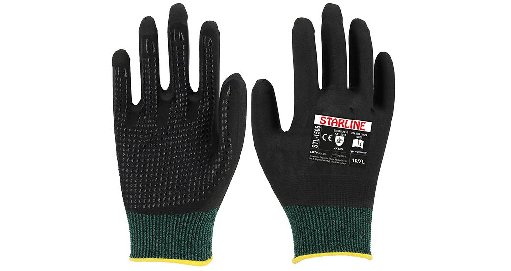 Starline STL-1506 Kesilmeye Dirençli HPPE+Naylon Astarlı ve Sıvı Geçirmez Yeşil-Siyah Köpük Nitril Eldiven (7/S Beden)