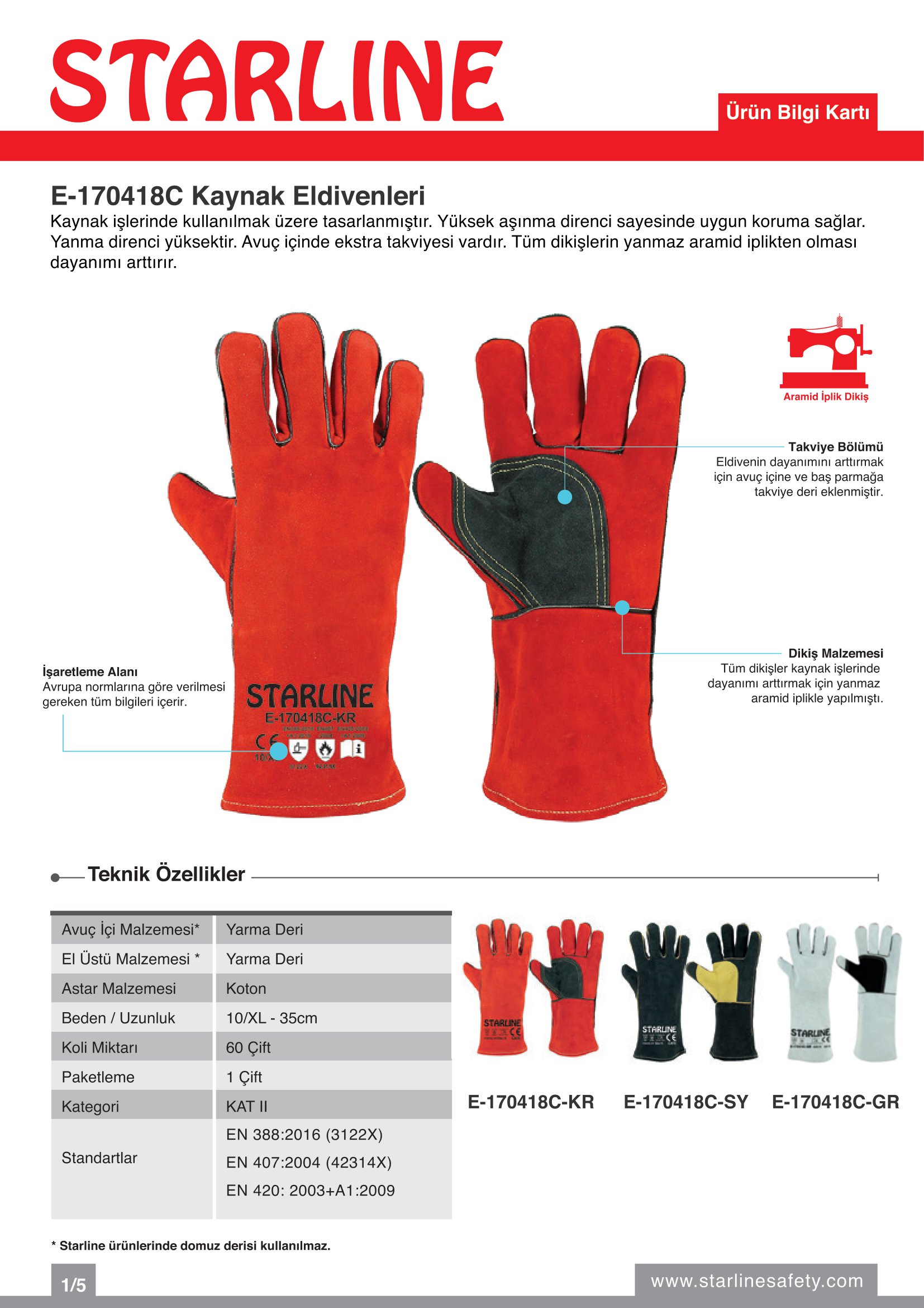 Starline E-170418C-KR Yarma Deri ve Aramid İplikli Yanma Direnci Yüksek Ekstra Avuç İçi Takviyeli Kırmızı Kaynak Eldiveni (10/XL Beden)