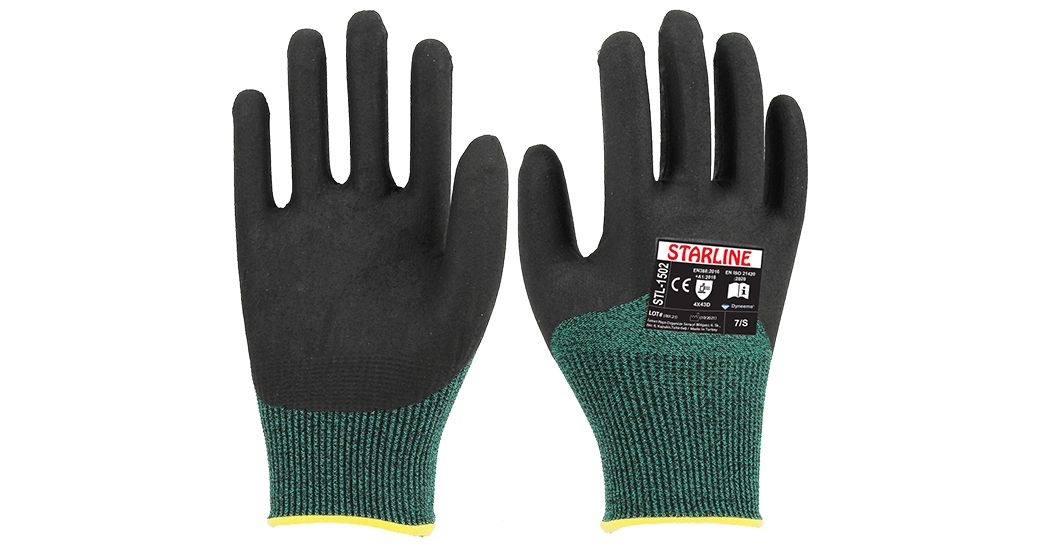 Starline STL-1502 Kesilmeye Dirençli HPPE+Naylon Astarlı ve Sıvı Geçirmez Yeşil-Siyah Köpük Nitril Eldiven (7/S Beden)