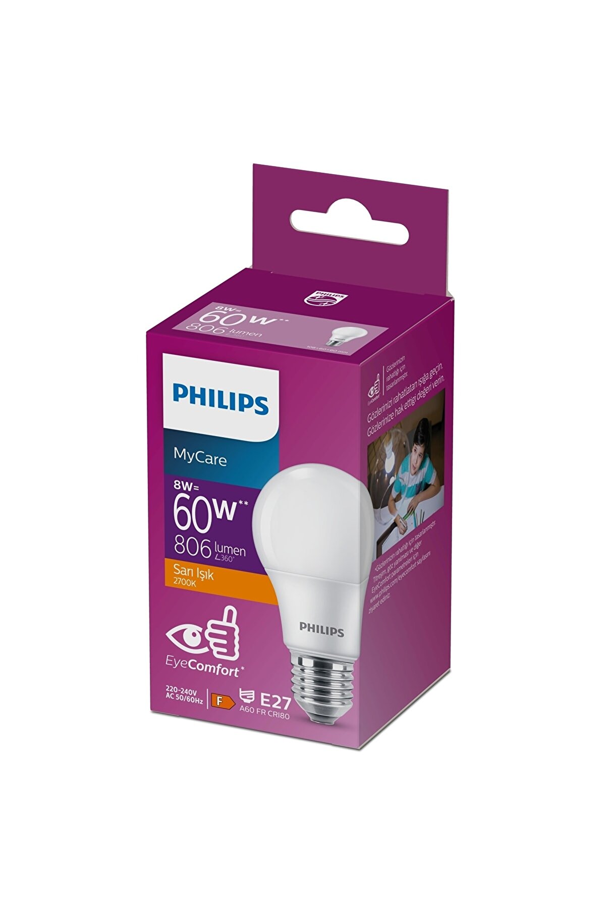 Philips MyCare 8 W-60 W 2700 Kelvin Sarı Işık Göz Yormayan Yeni Nesil Led Ampul