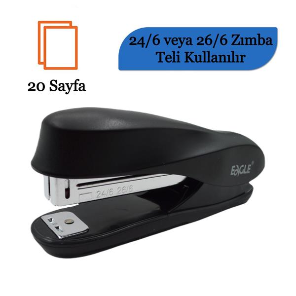 Eagle 20 Sayfa Kapasiteli 24/6-26/6 Zımba Makinası S7101 Siyah