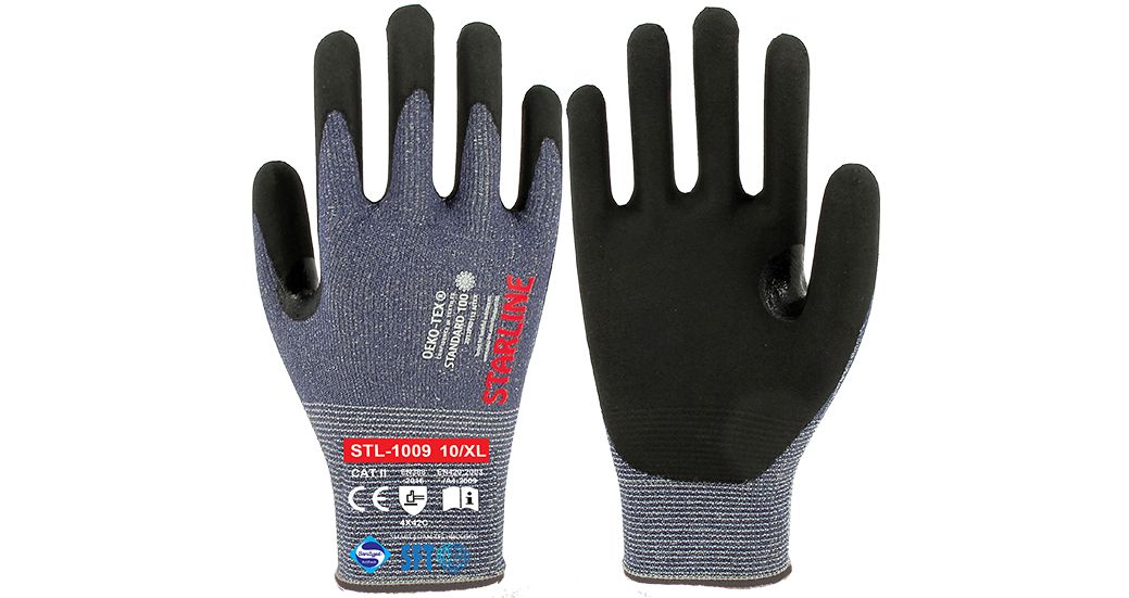 Starline STL-1009 Kesilmeye Dirençli 15-G Polietilen+Cam Elyaf+Sentetik İplik Astarlı ve Sıvı Geçirmez Mavi-Siyah SFT Nitril Eldiven (7/S Beden)