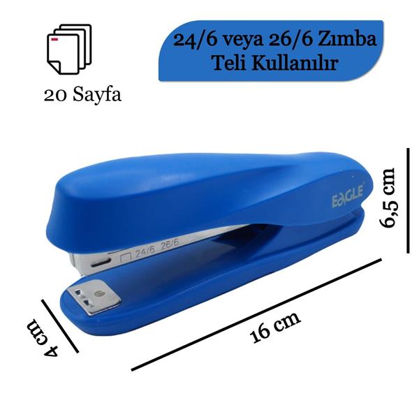 Eagle 20 Sayfa Kapasiteli 24/6-26/6 Zımba Makinası S7102 Mavi