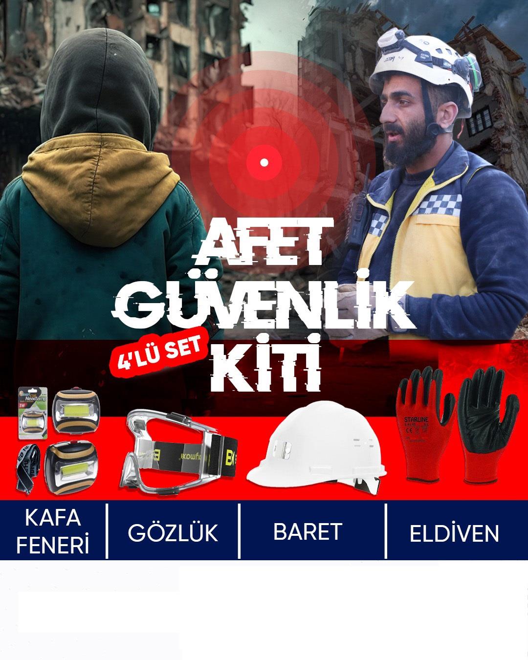 Afet Güvenlikve Acil Durum Kiti 4 ' ü 1 Arada Kafa Feneri - S550 Gözlük - Baret - Eldiven
