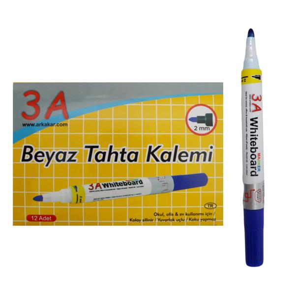 3A Beyaz Tahta Kalemi Yuvarlak Uçlu 1 Kutu 12 Adet Mavi