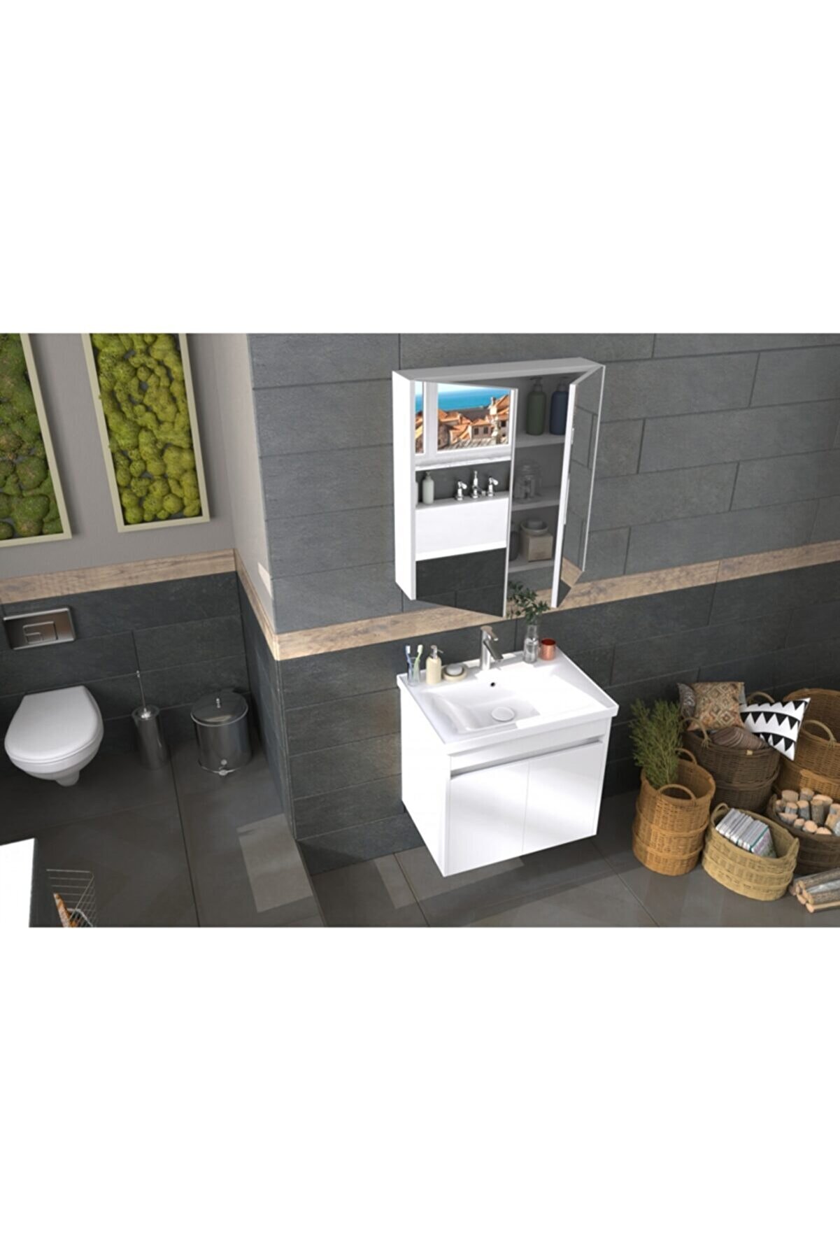 Biani Bodrum 65 cm Beyaz Banyo Dolap Takım