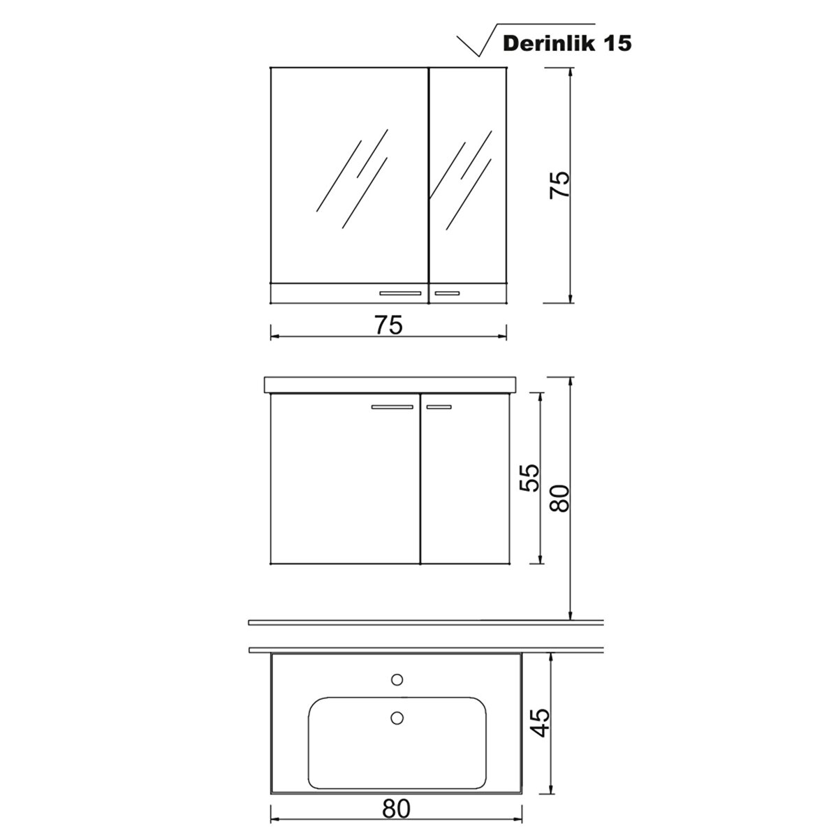 Denko terra 80 cm antrasit banyo dolabı takımı