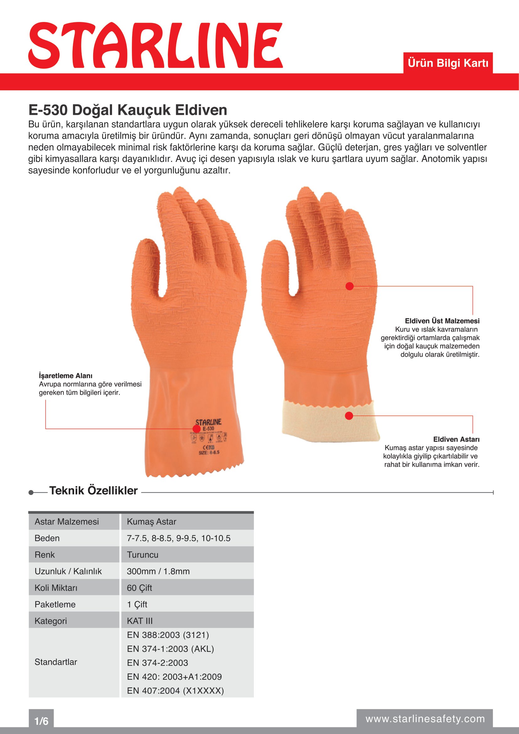 Starline E-530 Yüksek Dereceli Kimyasallara Karşı Dirençli Turuncu Eldiven (6-6.5/XS Beden)
