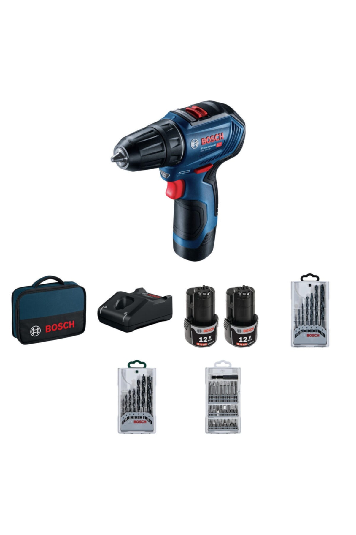 Bosch GSR 12V-30 Profesyonel 2x2ah Çift Akülü Delme Vidalama Makinesi + 39 Parça Set - 06019g9001