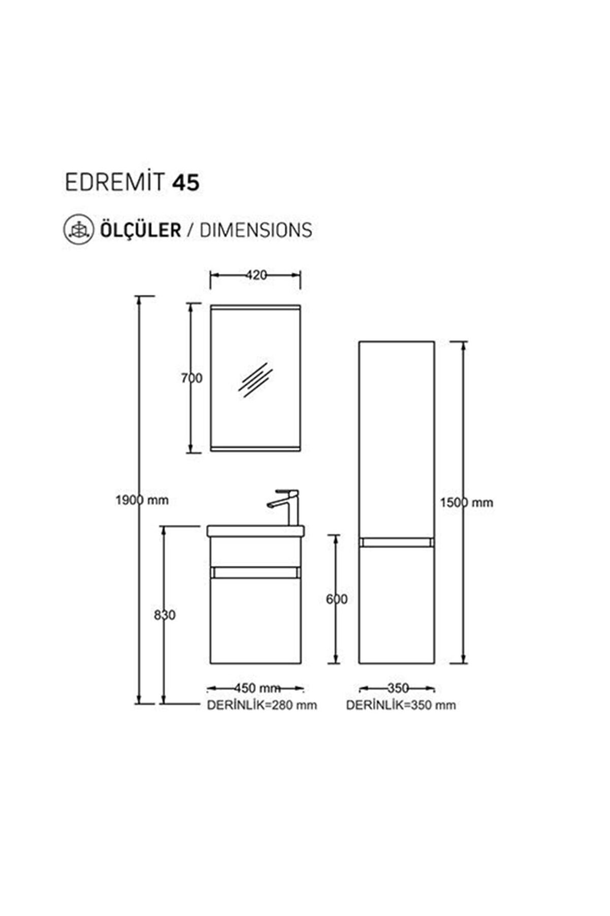 Biani Edremit 45 cm Beyaz Banyo Dolabı