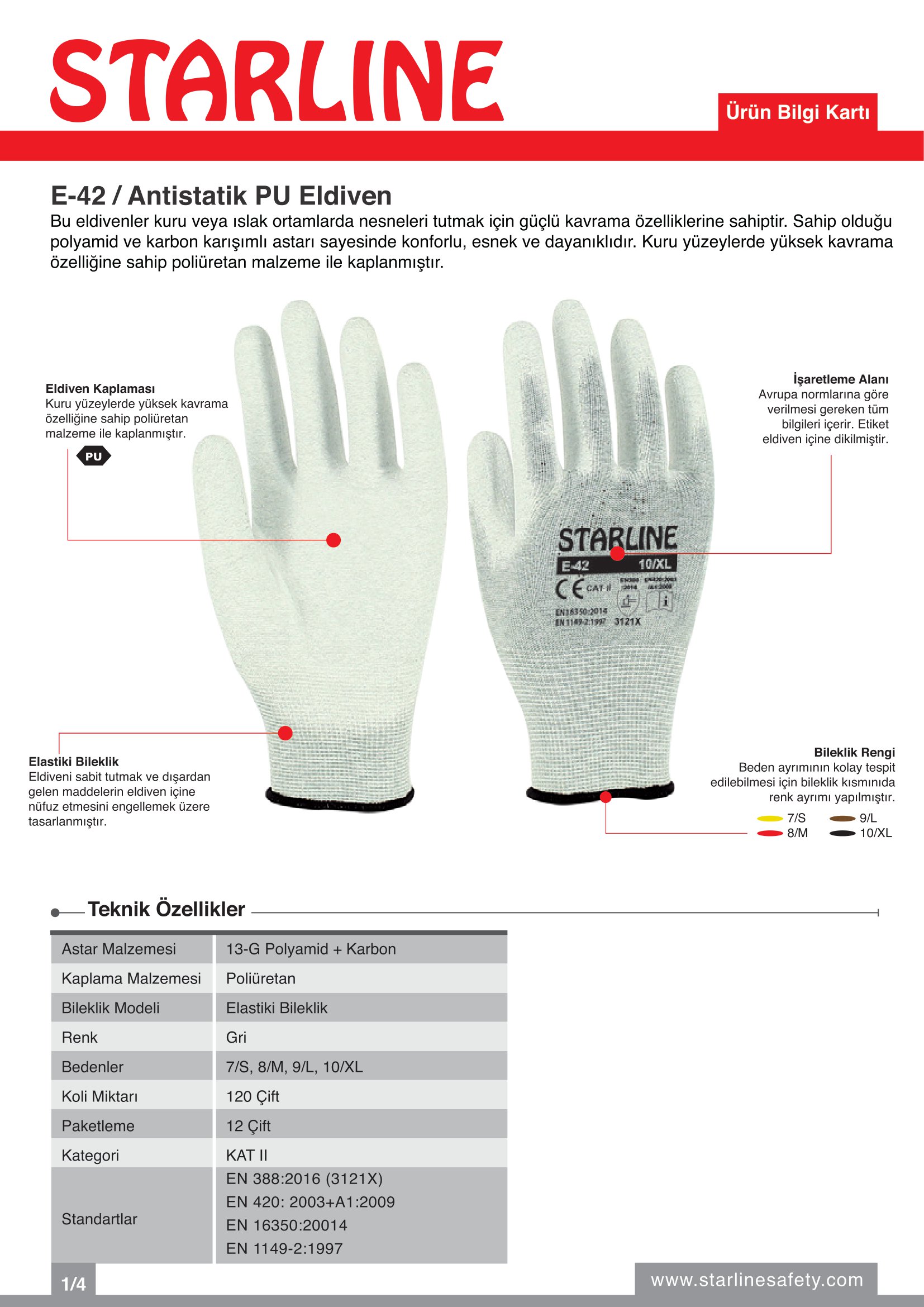 Starline E-42 Beyaz Antistatik Hassas Tip PU Eldiven (8/M Beden)