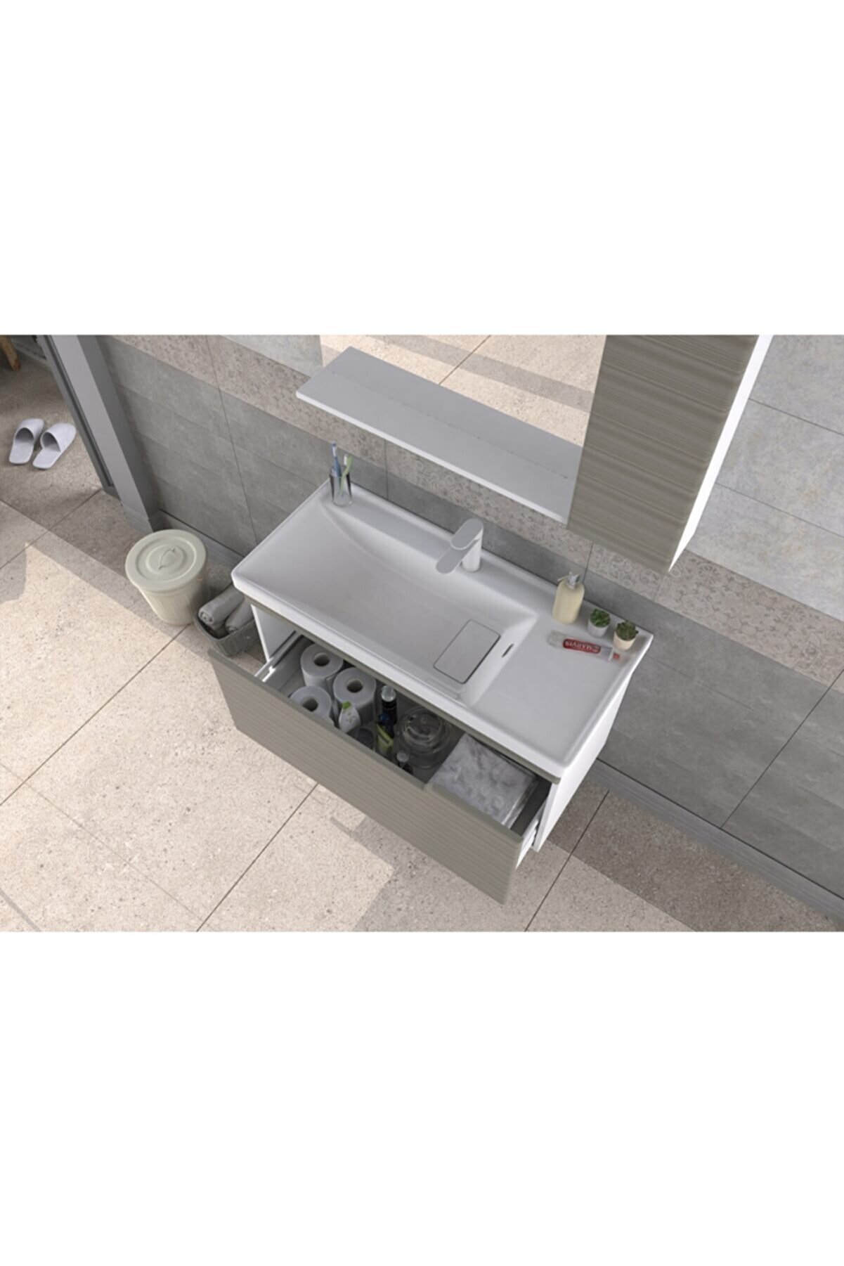 Biani Baha 80 cm Kahve Ruled Banyo Dolabı