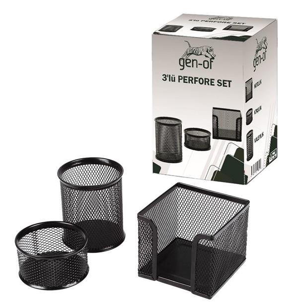 Gen-Of Perfore 3 Lü Metal Masa Üstü Seti Siyah Kalemlik + Küpnotluk + Ataşlık