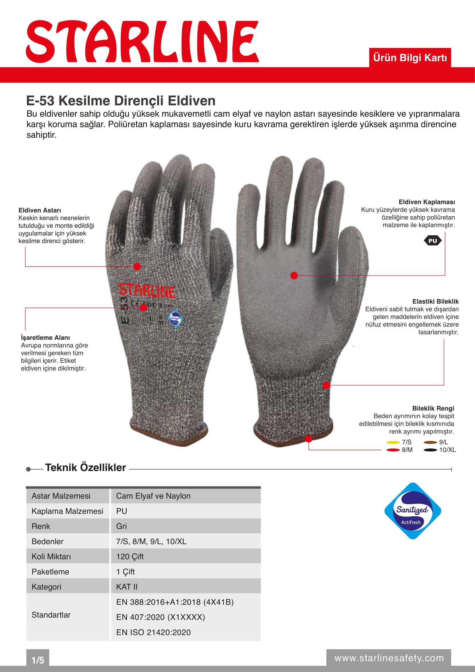 Starline E-53 Kesilmeye Dirençli ve Antibakteriyel PU Gri Eldiven (7/S Beden)