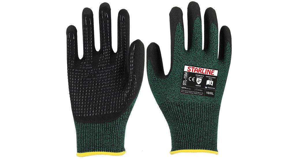 Starline STL-1504 Kesilmeye Dirençli HPPE+Naylon Astarlı ve Sıvı Geçirmez Yeşil-Siyah Köpük Nitril Eldiven (7/S Beden)