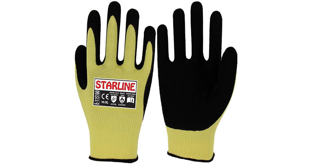 Starline E-115100 Yüksek Isıya Dirençli ve Kesilmeye Dirençli Aramid+Fiberglass Astarlı Sıvı Geçirmez Sarı-Siyah Eldiven (7/S Beden)
