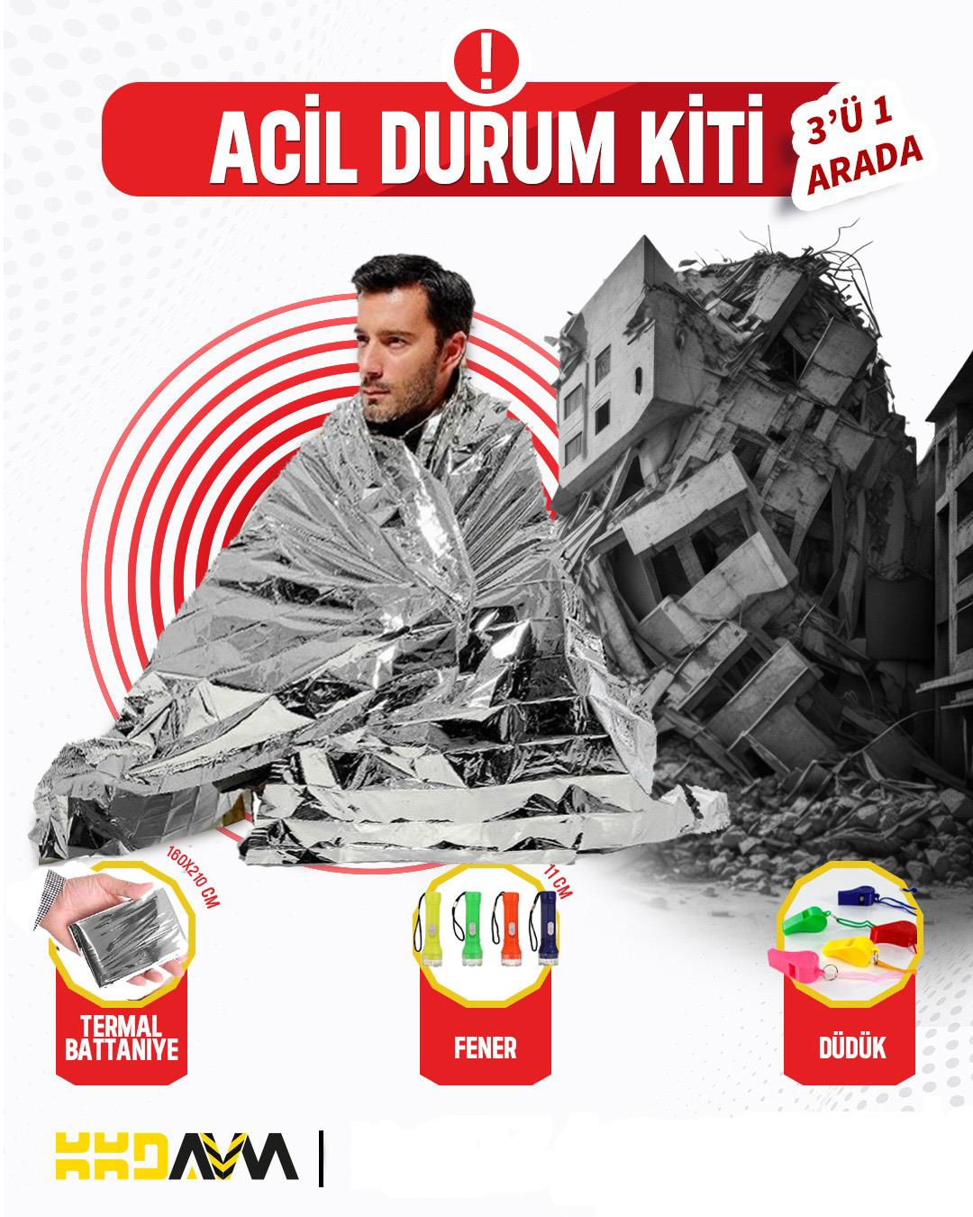 Acil Durum Kiti 3 ' ü 1 Arada Gri Termal battaiye , Fener , Düdük