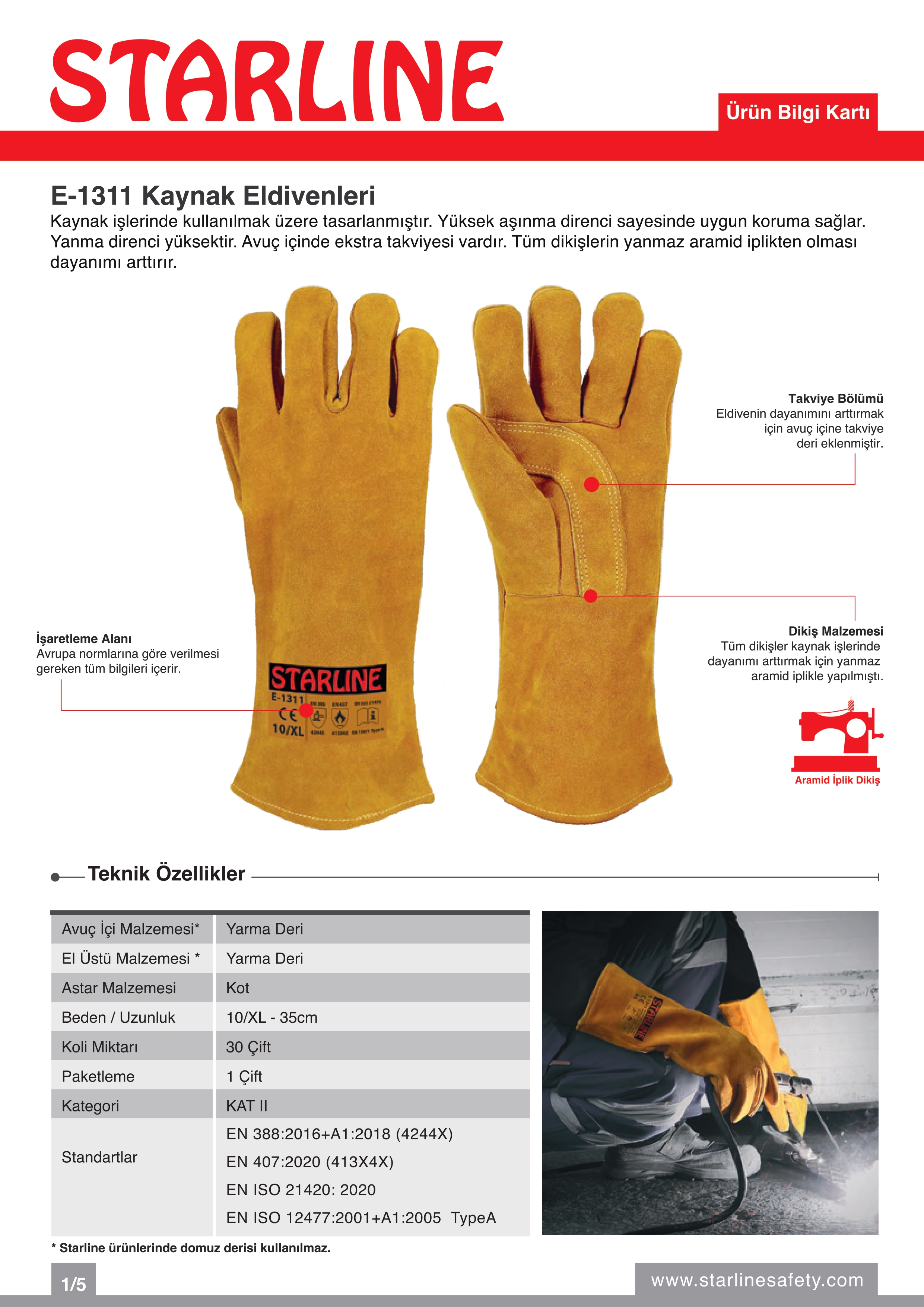 Starline E-1311 Yarma Deri ve Aramid İplikli Yanma Direnci Yüksek Ekstra Avuç İçi Takviyeli Sarı Kaynak Eldiveni (10/XL Beden)