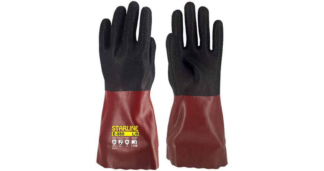 Starline E-550 Bi Polimer PVC Bordo-Siyah Kimyasal Eldiven (9/L Beden)