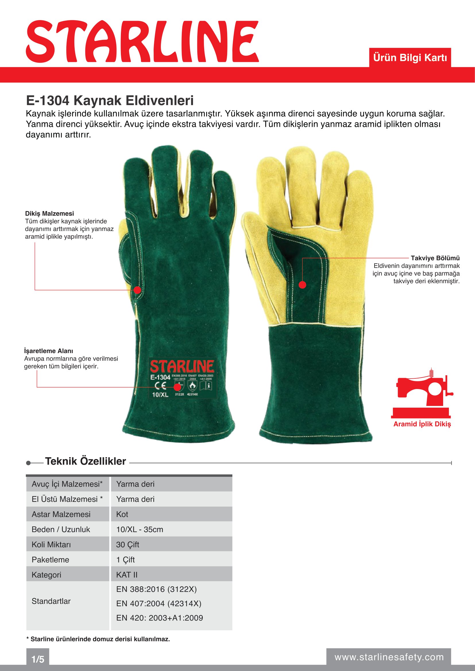 Starline E-1304 Yarma Deri ve Aramid İplikli Yanma Direnci Yüksek Ekstra Avuç İçi Takviyeli Yeşil-Sarı Kaynak Eldiveni (10/XL Beden)