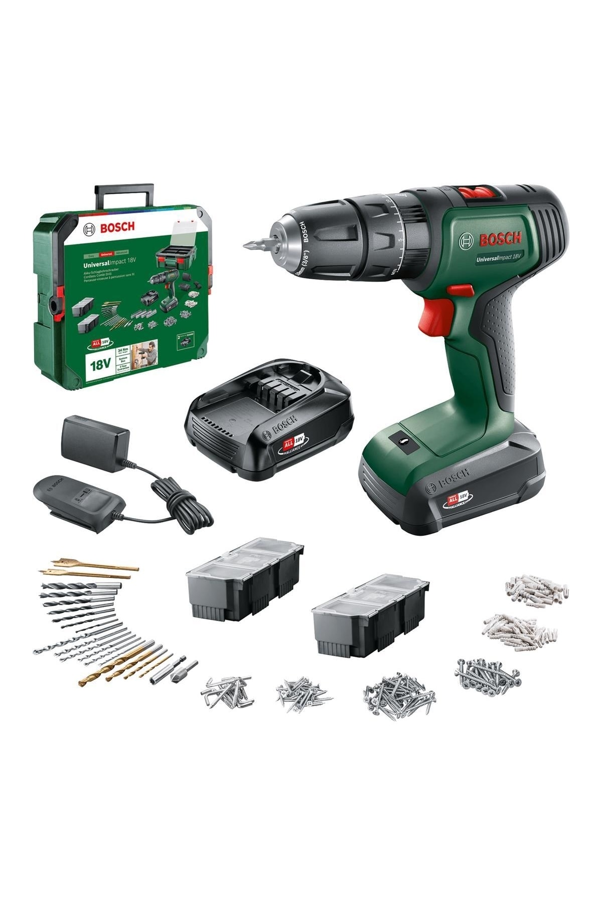 Bosch Universalımpact 18 V Akülü Darbeli Matkap 1,5ah Çift Akü SBX241 Aksesuar Setli Yeşil Sırt Çantası