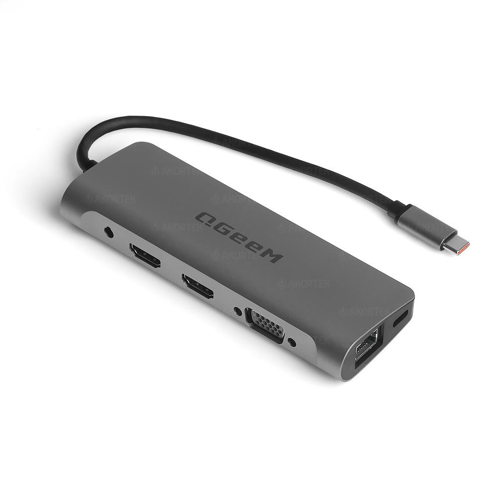 Qgeem QG-UH10 USB 3.0 TypeC 10in1 2xHDMI-VGA-TF SD Kart Okuyucu-USB 3.0-USB 2.0-PD+SD-Ethe HUB