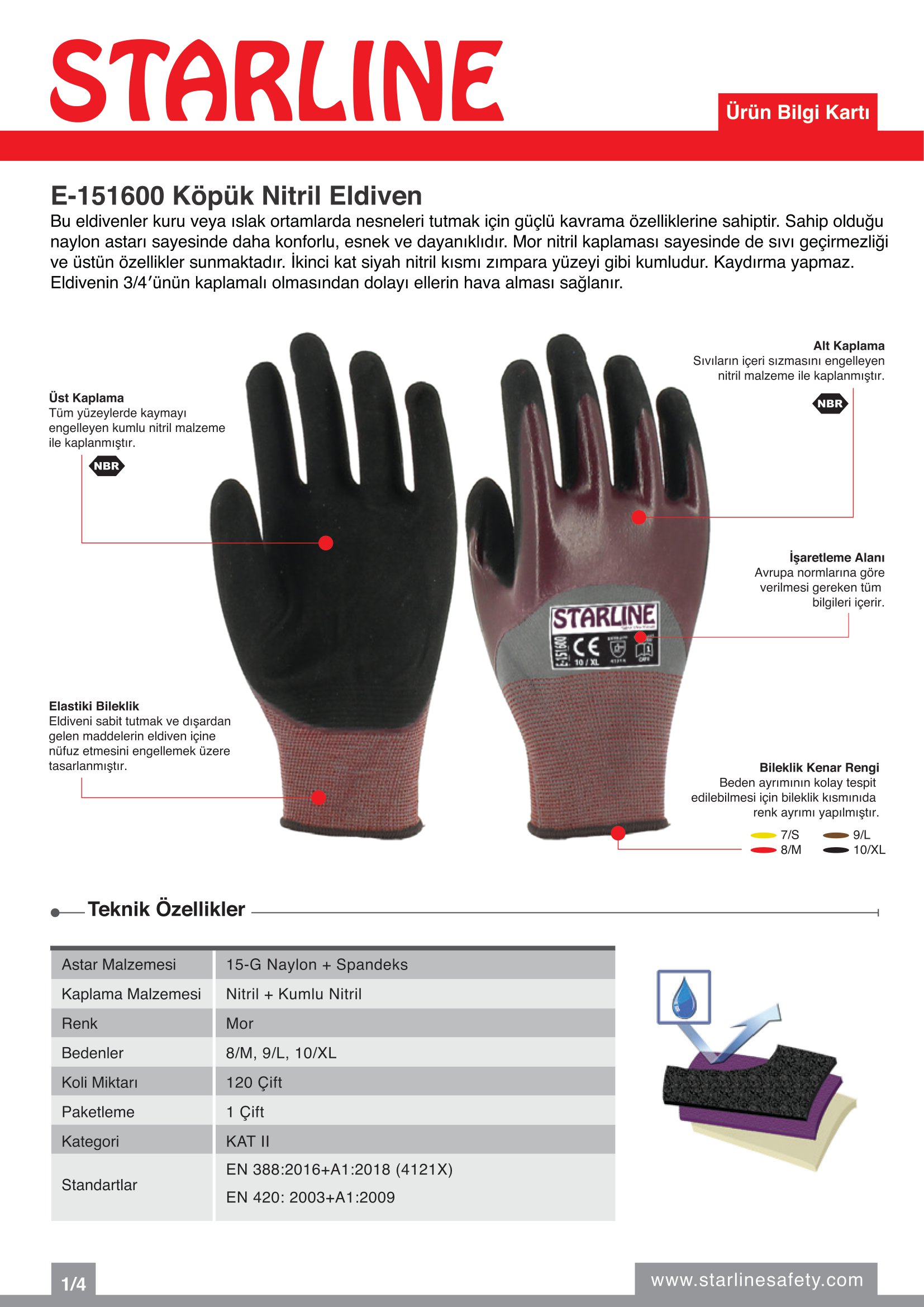Starline E-151600 Genel Amaçlı Mor-Siyah Köpük Nitril+Kumlu Nitril Eldiven (7/S Beden)