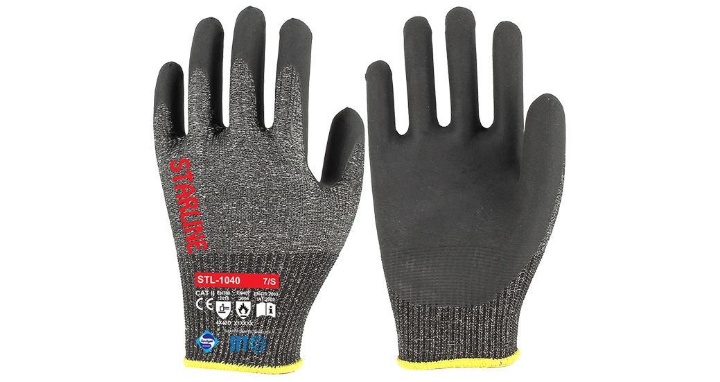 Starline STL-1040 Yüksek Kesilme Dirençli ve HPPE+Çelik Elyaf Astarlı Gri-Siyah Antibakteriyel Köpük Nitril Eldiven (6/XS Beden)