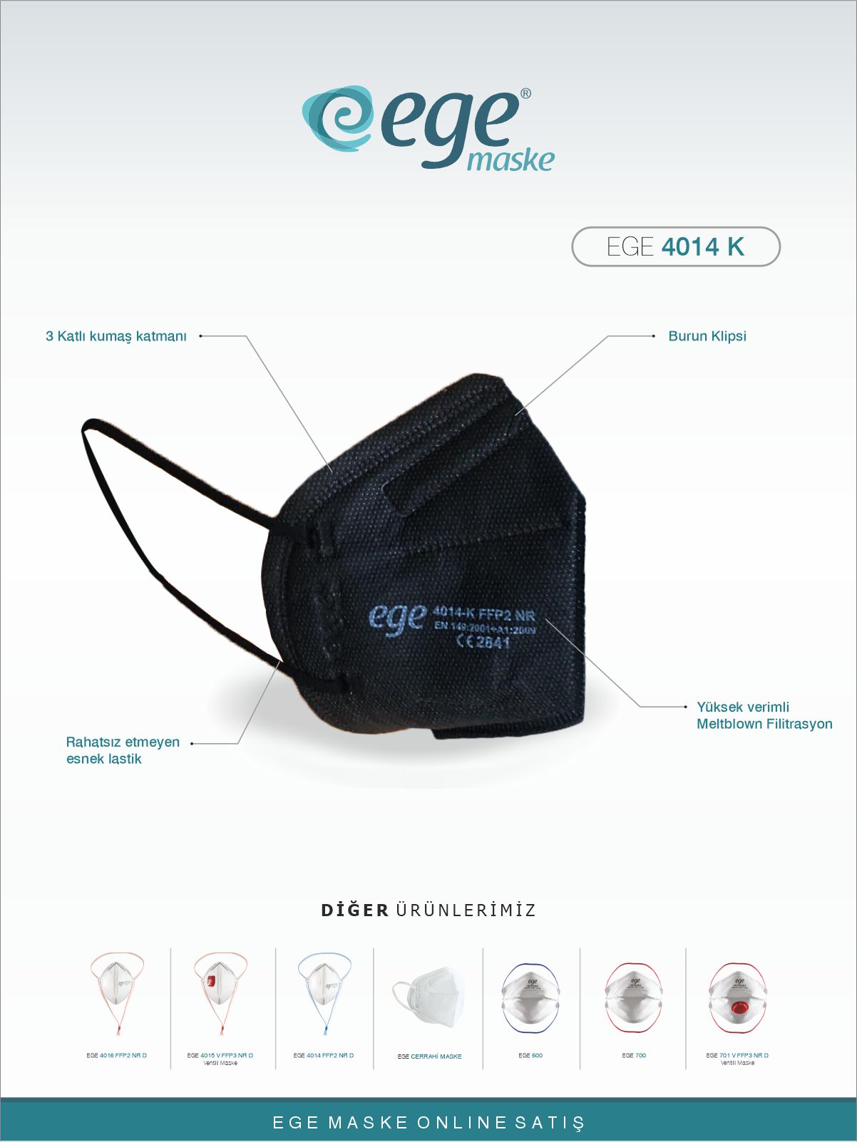 EGE FFP2 4014-K N95 Ventilsiz Maske 50'li Siyah