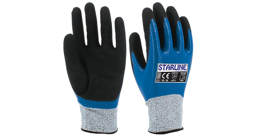 Starline E-135625 Kesilmeye Dirençli ve Sıvı Geçirmez Nitril+Kumlu Nitril Mavi-Siyah Eldiven (8/M Beden)