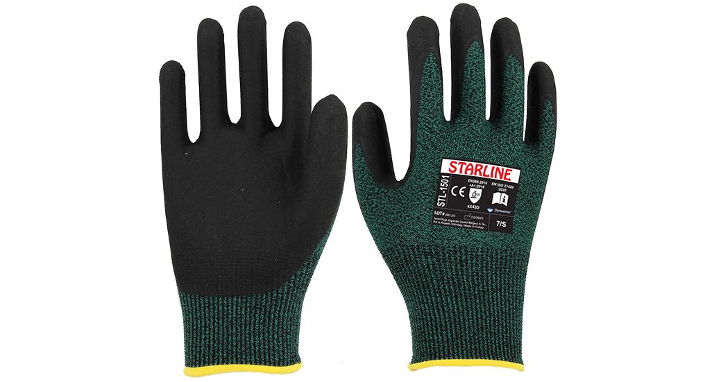 Starline STL-1501 Kesilmeye Dirençli HPPE+Naylon Astarlı ve Sıvı Geçirmez Yeşil-Siyah Köpük Nitril Eldiven (7/S Beden)