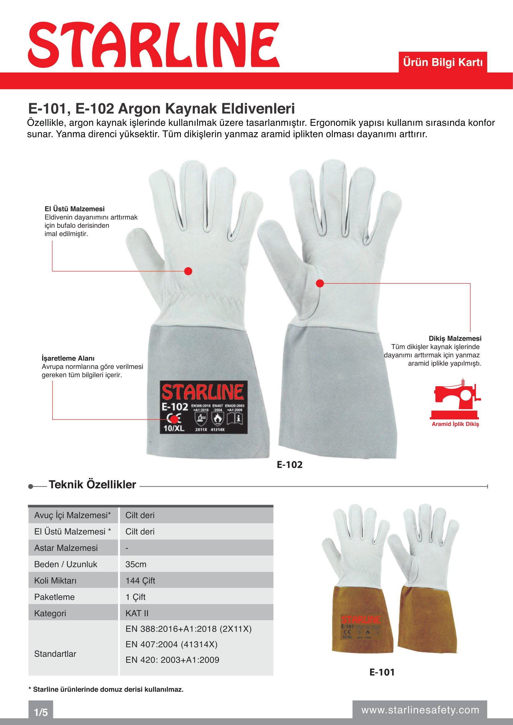 Starline E-101 Cilt Deri ve Aramid İplikli Yanma Direnci Yüksek Gri-Sarı Argon Kaynak Eldiveni (10/XL Beden)