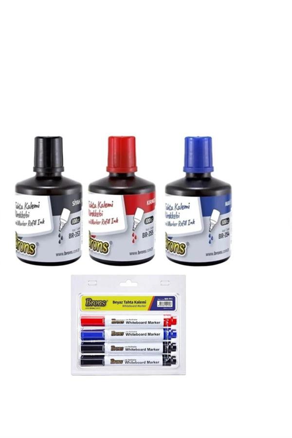 Brons Beyaz Tahta Kalemi Mürekkebi 100 cc 4 Lü Set – Doldurulabilir Kalem Seti 4 Lü