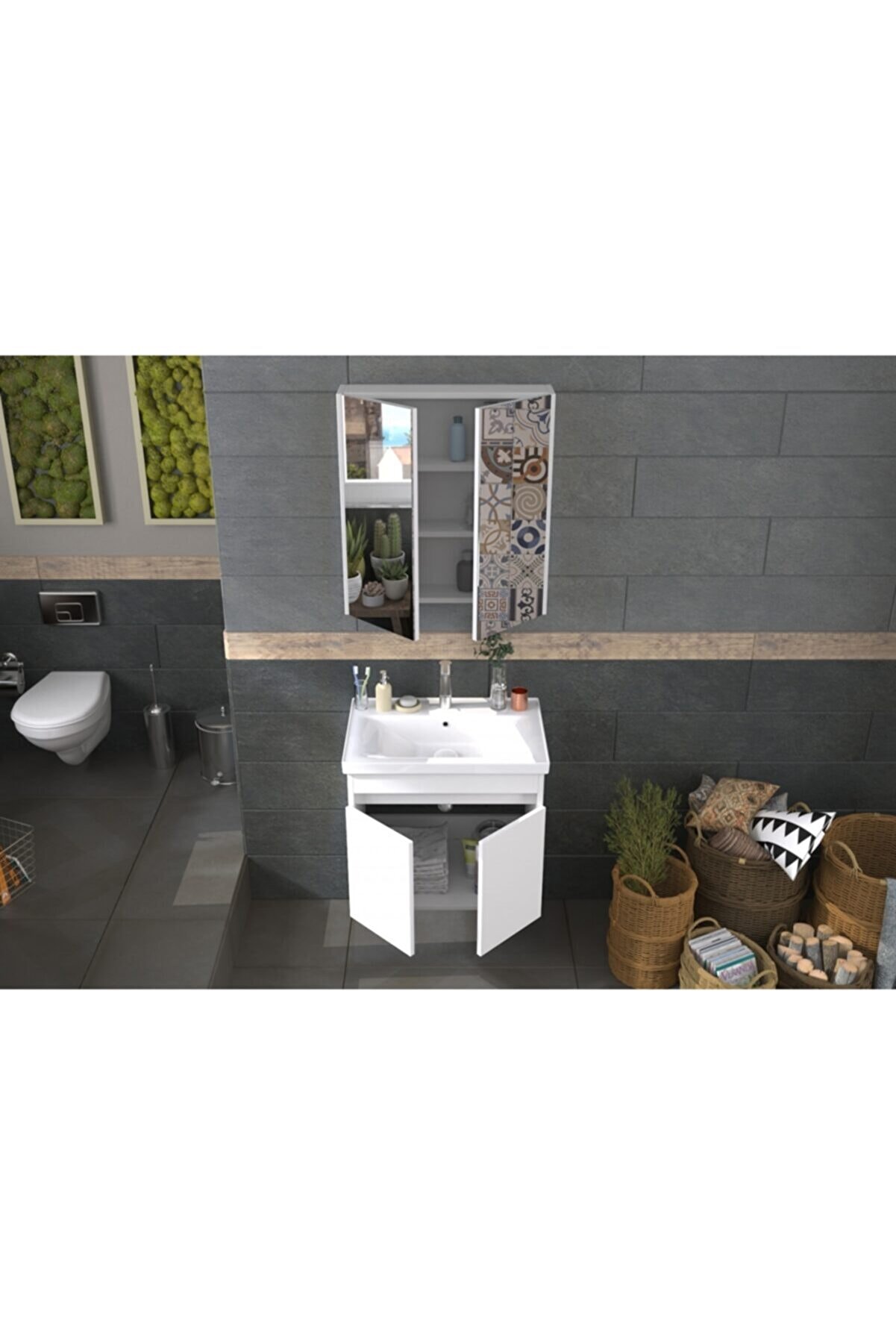 Biani Bodrum 65 cm Beyaz Banyo Dolap Takım