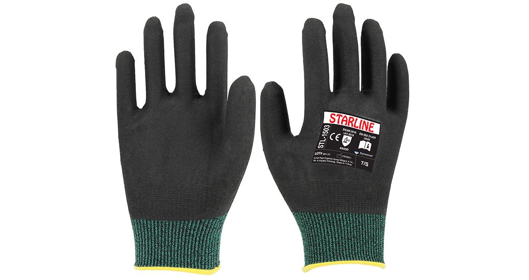 Starline STL-1503 Kesilmeye Dirençli HPPE+Naylon Astarlı ve Sıvı Geçirmez Yeşil-Siyah Köpük Nitril Eldiven (7/S Beden)