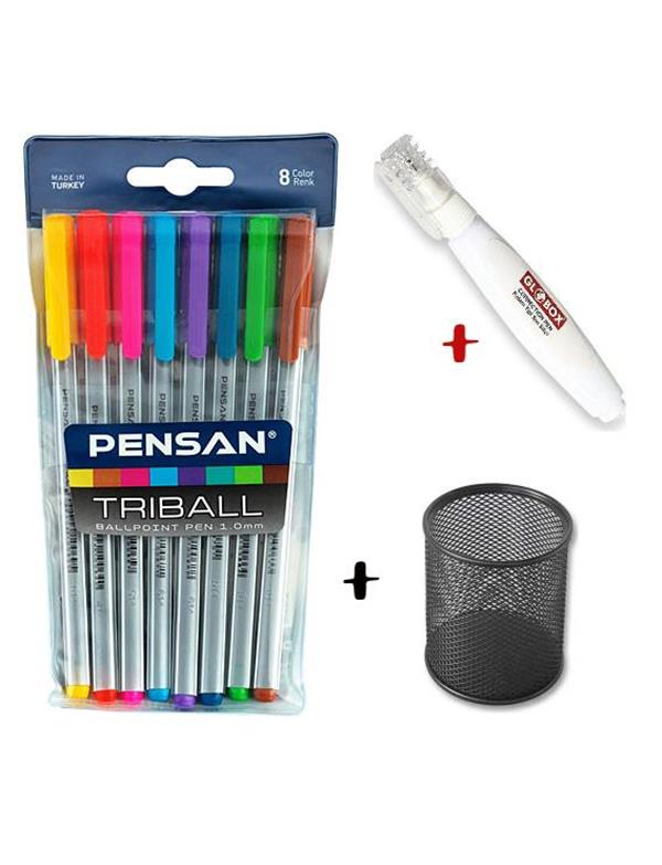 Pensan Triball 8 Li Tükenmez + Globox Kalem Tipi Sıvı Silici + Perfore Kalemlik