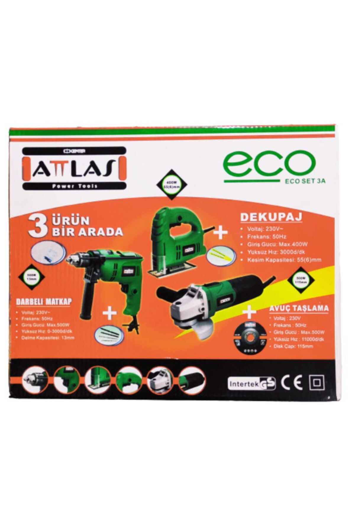 Attlas Eco Set 3a Darbeli Matkap 230 V + Dekupaj 230 V + Avuç Taşlama 230 V