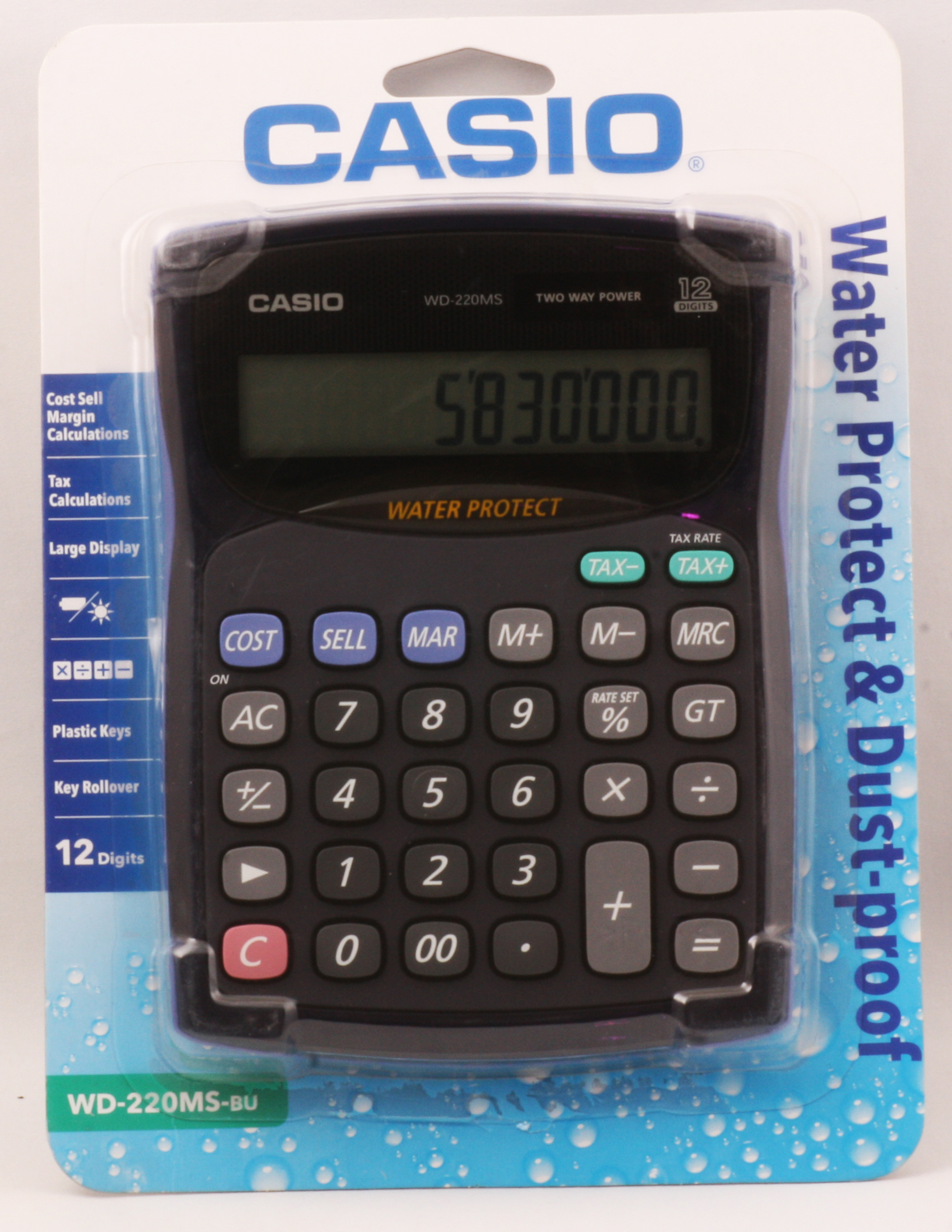 Casio WD-220MS-BU 12 Hane Suya-Toza Dayanıklı Masa Üstü Hesap Makinesi