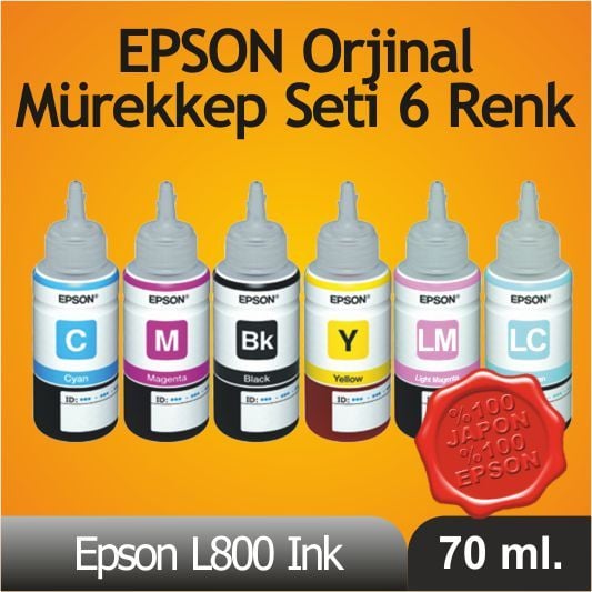 Photoink 6 Adet Mürekkep Seti Epson L800 / L810 / L850 / L1800 İçin 6 Renkli Tüm Epson Yazıcılar İçin 70 Ml.